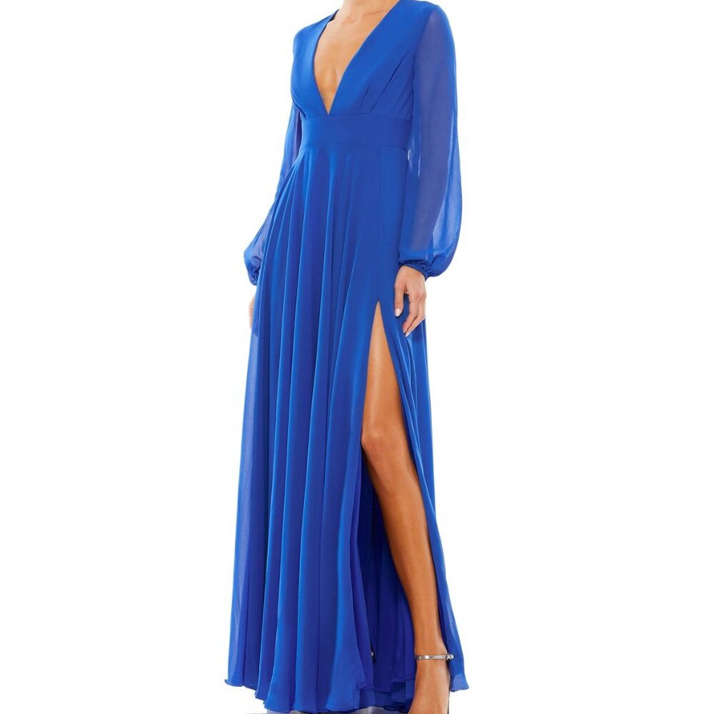NWT MAC DUGGAL Dress‎ Evening Gown V Neck Illusion Blue Chiffon 55682